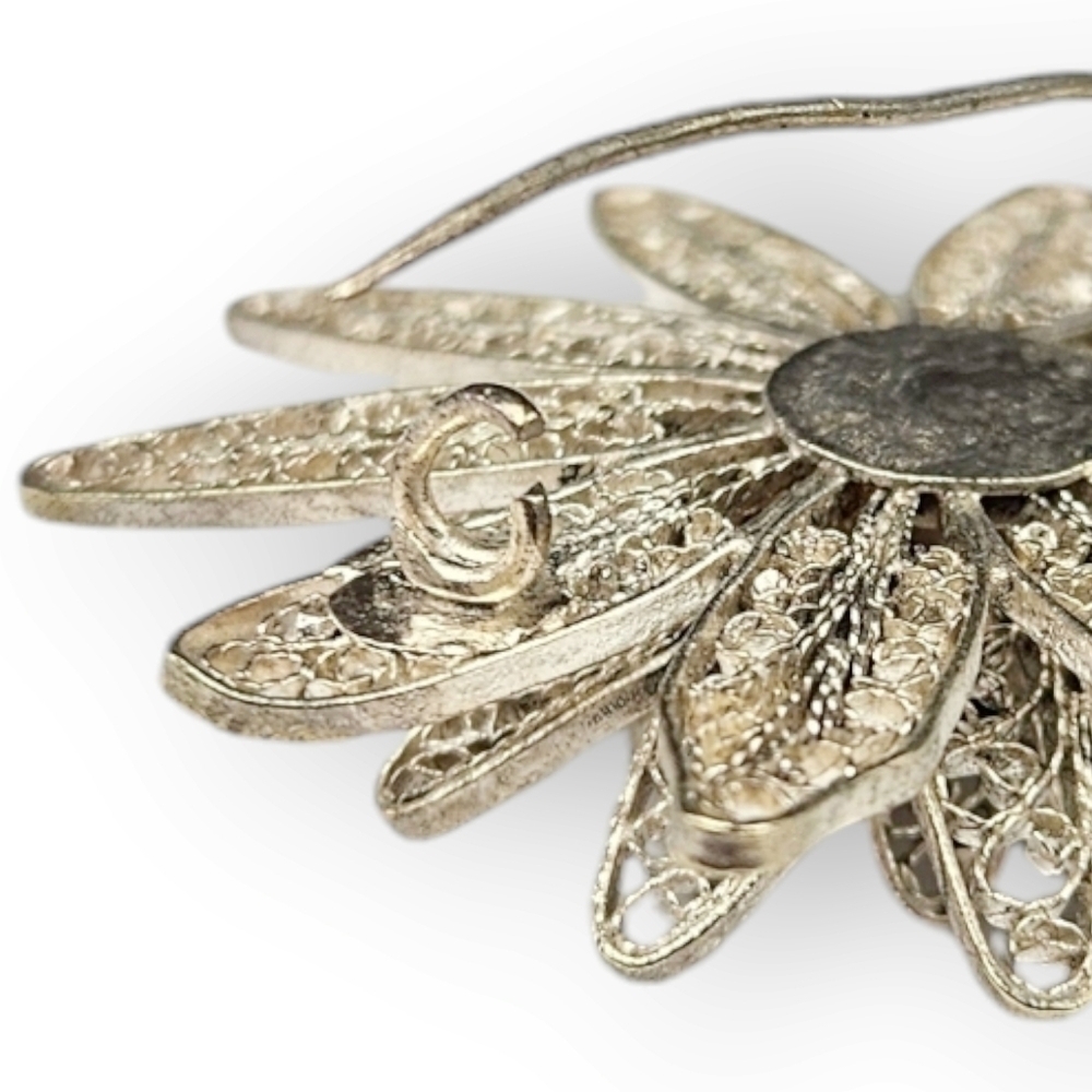 Spun Silver Filigree Flower Brooch Vintage Delicate Layered Petal Broach 1.75" - Picture 6 of 7